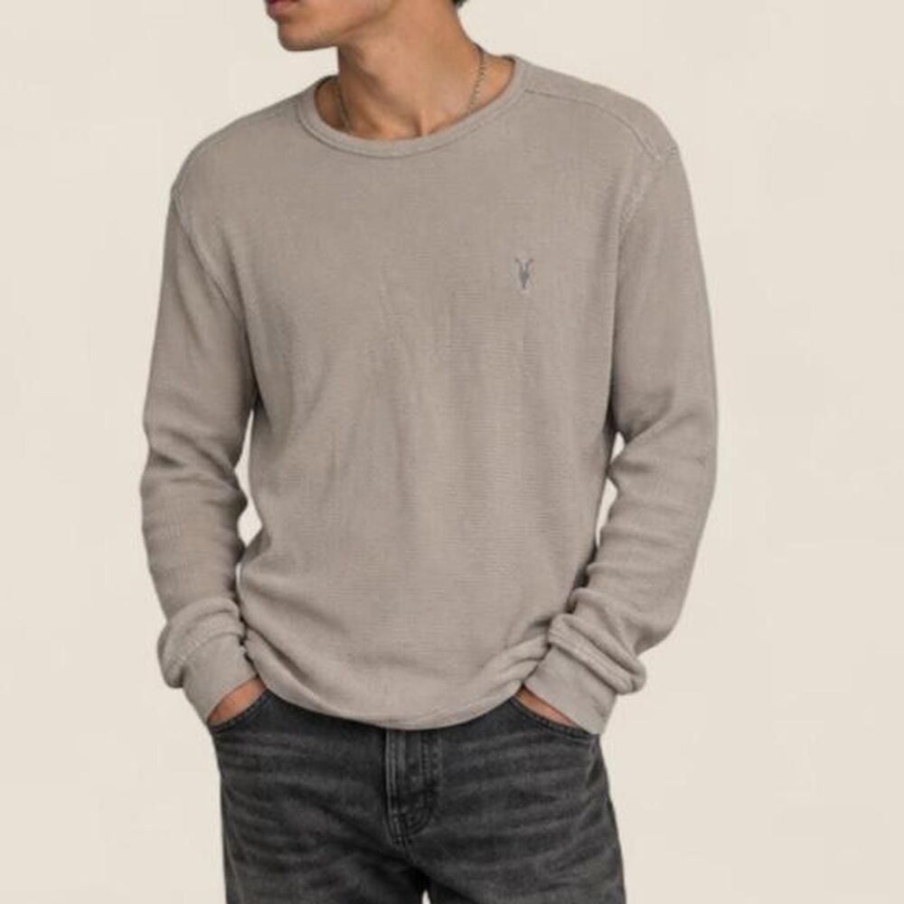 AllSaints Clash LS Crew Waffle Knit Thermal Long Sleeve Shirt Beige Large